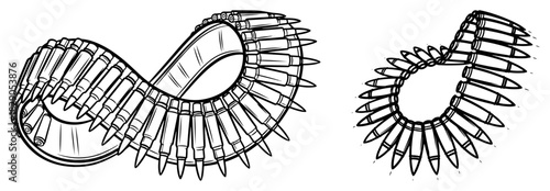 Machine Gun Ammo Belt Illustration Set Hand Drawn Bullet Bandolier Collection