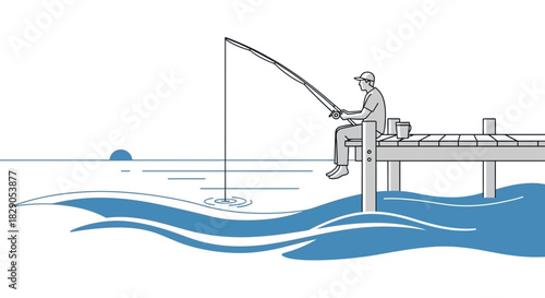 Simple line illustration of a man fishing off a pier at sunset providing relaxing hobby