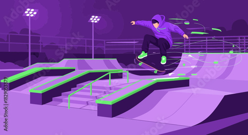 Skateboarder performing trick at skatepark illustration with motion trails concept