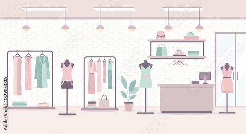 Stylish Fashion Boutique Interior with Clothes and Accessories Displayed Elegantly and Modernly
