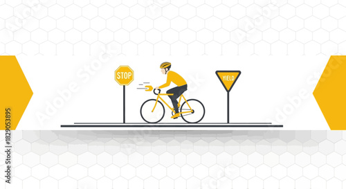 Vector Illustration of Cyclist on Road with Stop and Yield Signs for Safety Awareness