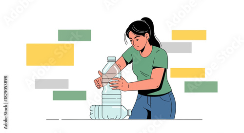 Woman organizing plastic bottles for recycling demonstrating environmental awareness and