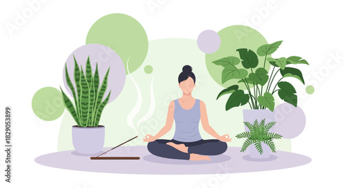 Woman Meditating Surrounded by Plants, Finding Inner Peace and Harmony Through Yoga and Meditation