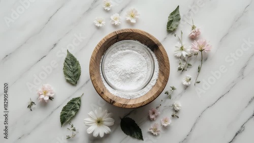 Overhead shot wooden bowl of white powder with flowers and leaves on a marble surface