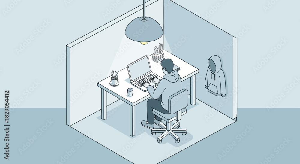 Fototapeta premium Isometric illustration of a person working on a laptop in a minimalist office setting