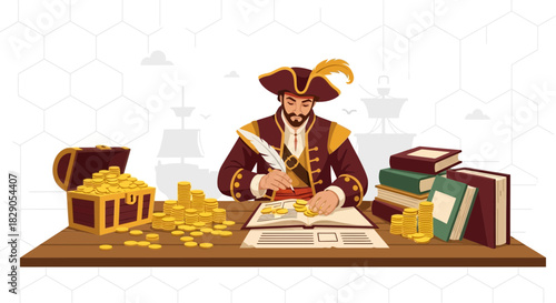 Illustrative depiction of a pirate captain meticulously accounting his treasure acquisition