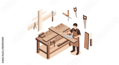 Isometric carpenter cutting wood on workbench with hand saw illustration vector