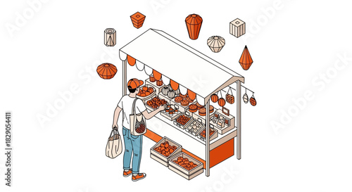 Isometric Illustration of a Man Shopping at a Fresh Produce Market Stall with Lanterns