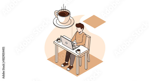 Isometric illustration of a man working from home with a laptop and coffee cup routine