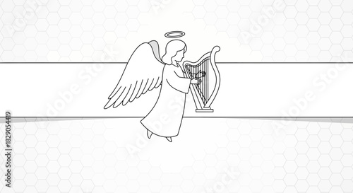 Minimalist depiction of a serene angel playing a harp on a modern background