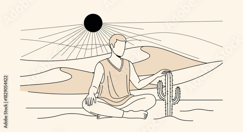 Minimalist illustration of a man meditating in the desert with cactus under the sun
