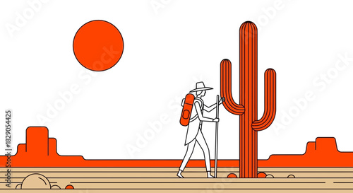 Minimalist illustration of a traveler walking in the desert with a cactus and sunset scene,