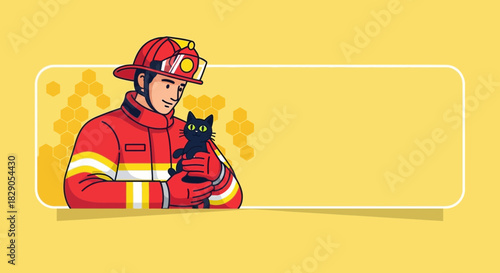 Kind firefighter saving a black cat vector illustration for social responsibility campaign