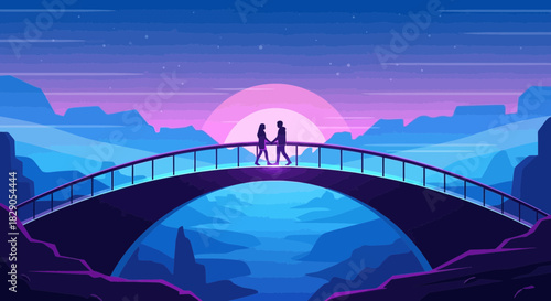 Silhouette couple walking bridge on sunset in a fantasy landscape drawing style art dreamy