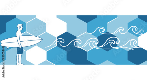 Stylish surfing themed graphic with a surfer and blue geometric ocean wave background
