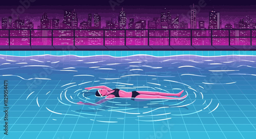 Woman peacefully floating on her back in a rooftop pool with a city skyline in the background