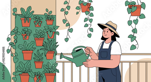 Woman tending to her urban garden watering plants, cultivating indoor oasis