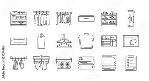 Minimalist wardrobe and storage icons set for home organization