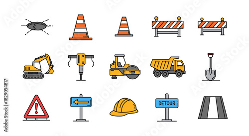 Construction icons set: tools, machinery, and safety signs