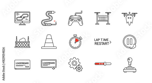 Racing game icons: controls, tracks, and timers in outline style