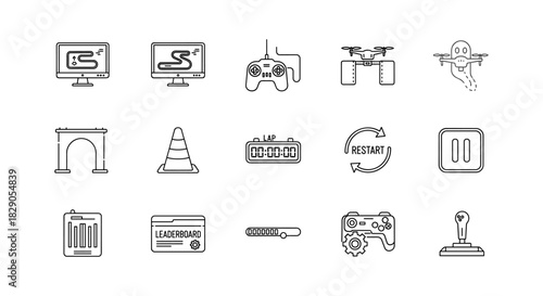 Gaming icons set featuring controllers, screens, drones, and progress elements in linear style