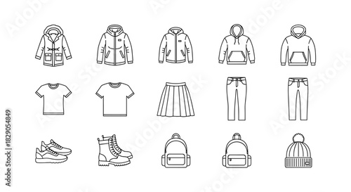 Minimalist collection of linear clothing and accessories icons for fashion design projects