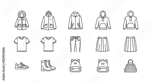 Minimalist linear fashion icons: clothing and accessories collection