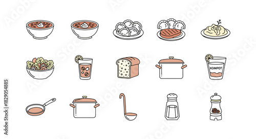 Food and cooking icons set with pasta, pancakes, and kitchen utensils in linear style