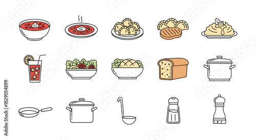 Assorted linear food and kitchen icons featuring meals and cooking utensils