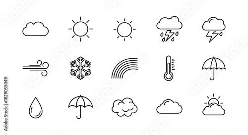 Minimalist weather icons set featuring sun, cloud, rain, and more in linear style