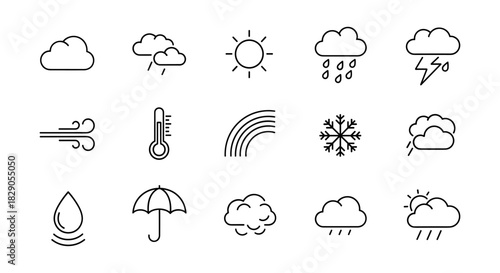 Minimalist weather icons: clouds, sun, rain, thunder, and more in linear style