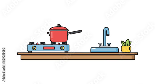Modern kitchen counter with gas stove and sink in flat style