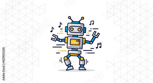 Cheerful Robot Character Dancing Amidst Musical Notes on Geometric Background