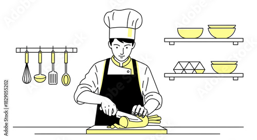 Chef preparing food in a kitchen setting showcasing culinary skills and kitchenware