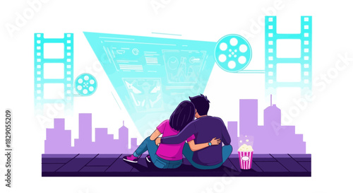 Couple enjoying a movie night under the stars with the city skyline in the background enjoying