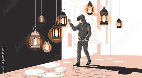 Contemporary Illustration of a Figure Amidst Decorative Lanterns for Ramadan Celebration