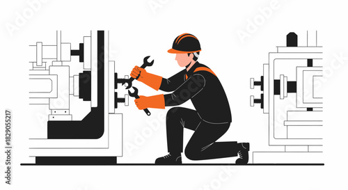 Craftsman repairing machine with wrenches, maintenance service in the factory engineering and