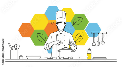 Culinary Innovation: Chef Preparing Healthy Meal with Fresh Ingredients and Modern Design elements