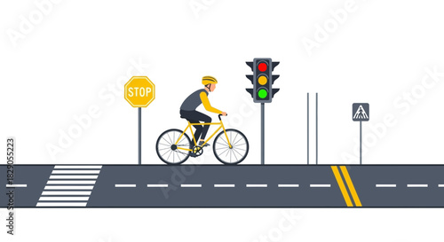 Cyclist navigating road safety elements: stop sign, traffic light, pedestrian crossing and signage