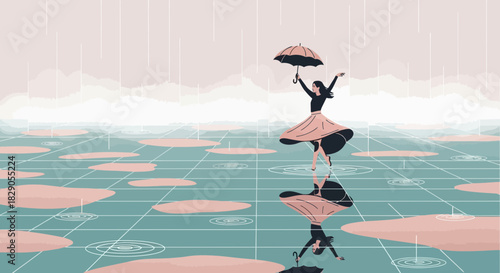Dancing in the rain reflection: A whimsical illustration of freedom and joy despite the weather