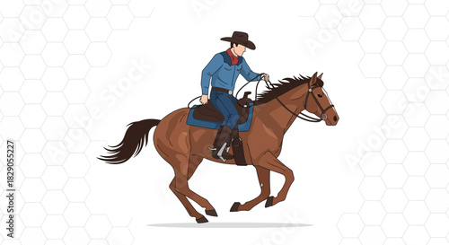 Detailed illustration of a cowboy riding a horse at full speed on a white background