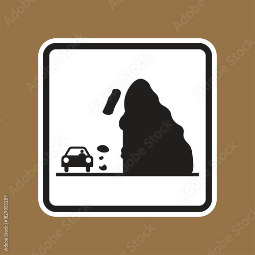 Caution Sign for Falling Rocks with Car Illustration on a Brown Background