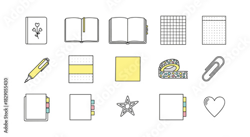 Minimalist office supplies collection: notebooks, pens, and paper clips