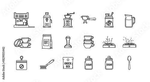 Essential coffee equipment icons: minimalist line art set for cafe and barista