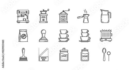 Minimalist coffee equipment line icons for cafes and baristas: grinder, espresso, dripper
