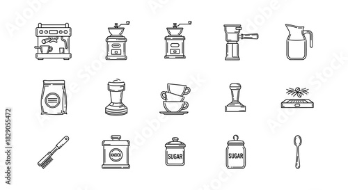 Collection of linear coffee equipment icons featuring grinders and cups