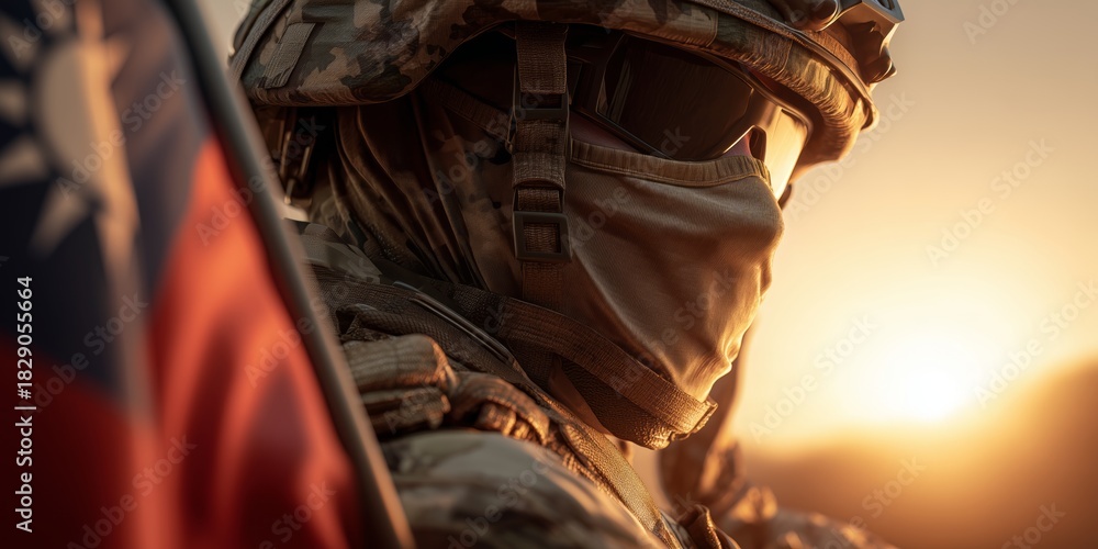 Obraz premium Soldier in camouflage gear and a helmet stands in front of the taiwan flag in the background, bathed in golden sunset light. The intense focus captures duty and determination.