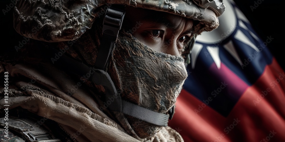 Obraz premium Soldier in camouflage gear and a helmet stands in front of the taiwan flag. embodying resilience, duty, and national pride. The image conveys strength, focus, and military readiness.