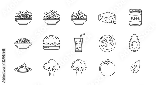 Minimalist food icons collection: healthy ingredients and snacks in line art