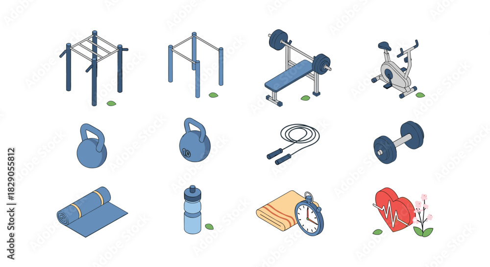 Obraz premium Isometric fitness equipment icons for gym workouts and healthy lifestyle designs